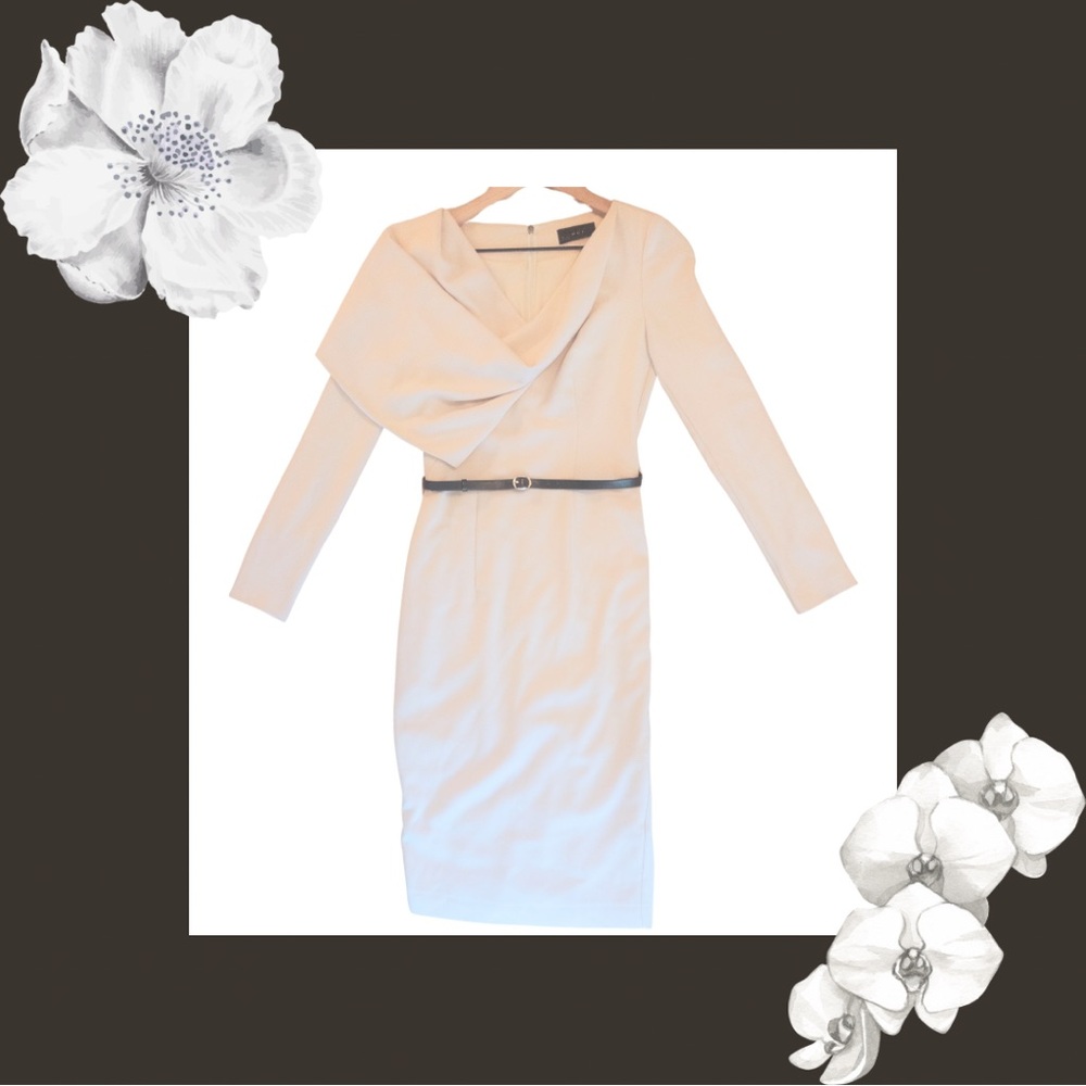 BGL Cream Dress with Front Asymmetrical Overlay and Black Genuine Leather Belt